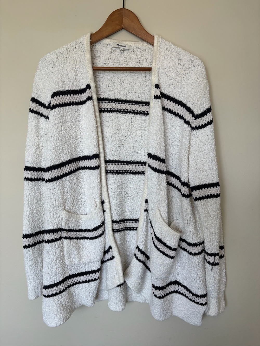 Madewell White Bouclé Open-Front Cardigan with navy Stripes